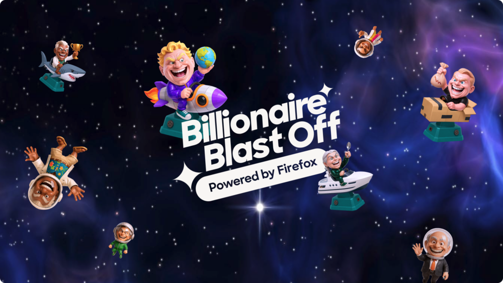 Cartoon billionaires float in space on toy rockets, yachts, and boxes with text: “Billionaire Blast Off — Powered by Firefox.”