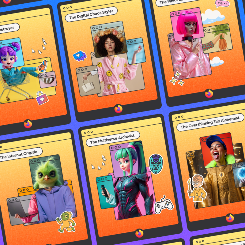 Ein Raster aus Firefox-Legendary-Cards, die jeweils surreale Figuren wie einen grünen Hund, ein Kaninchen, einen Anime-Krieger mit Titeln wie The Cart Destroyer und The Overthinking Tab Alchemist zeigen.