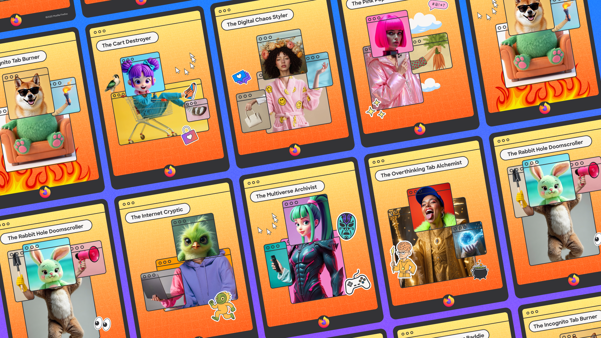 Ein Raster aus Firefox-Legendary-Cards, die jeweils surreale Figuren wie einen grünen Hund, ein Kaninchen, einen Anime-Krieger mit Titeln wie The Cart Destroyer und The Overthinking Tab Alchemist zeigen.
