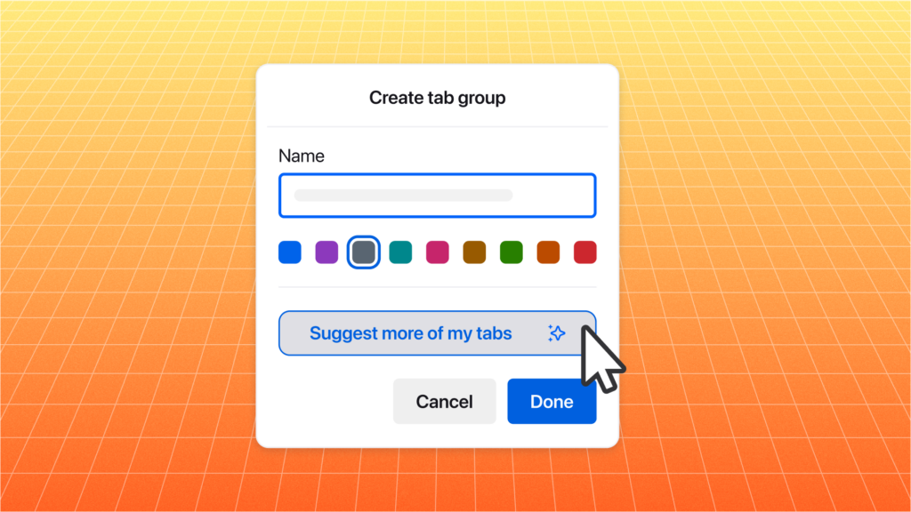 Browser popup showing the “Create tab group” menu with color options and AI tab suggestions button.