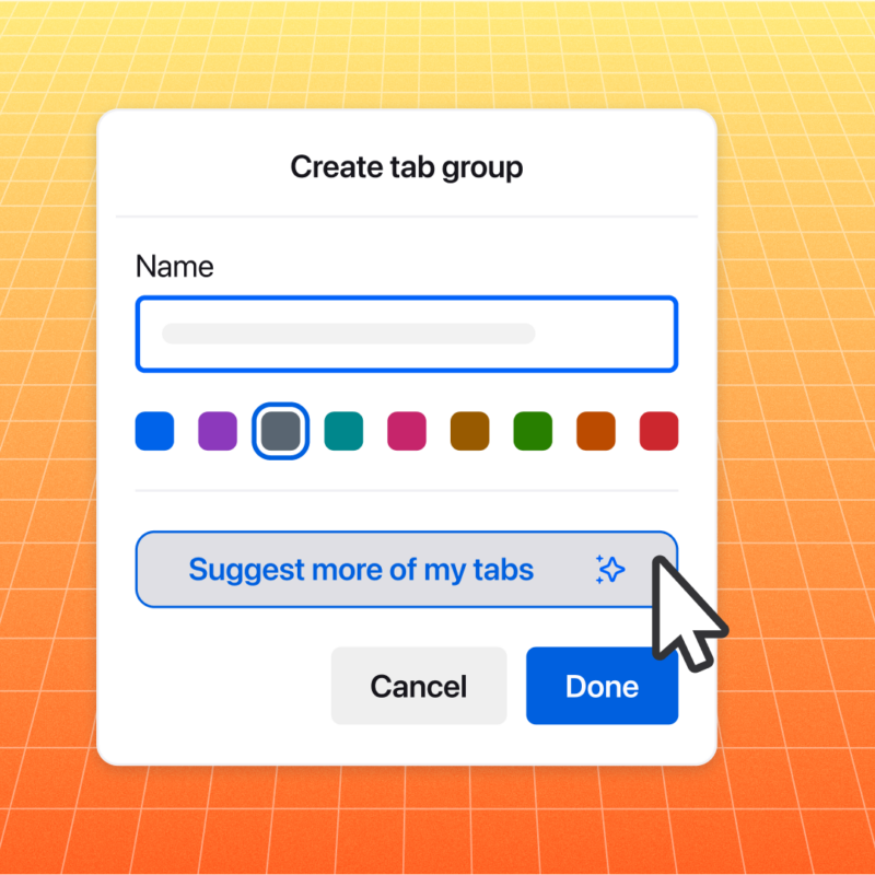 Browser popup showing the “Create tab group” menu with color options and AI tab suggestions button.