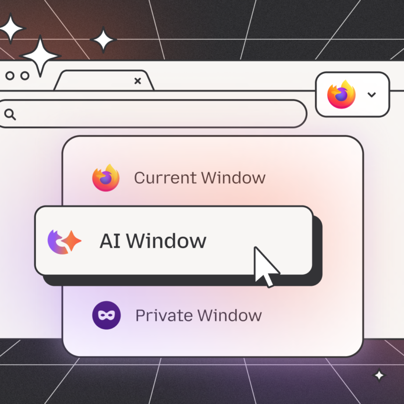 Illustration of Firefox browser showing menu options for Current, AI, and Private windows with glowing effects.