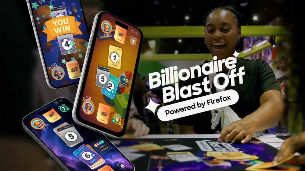 A woman smiling and playing a colorful digital card game called Billionaire Blast Off, powered by Firefox. The image shows three smartphones displaying the game interface with vibrant cards, numbers, and a ‘You Win’ banner on one screen. The game’s logo, ‘Billionaire Blast Off – Powered by Firefox,’ appears prominently beside her.”