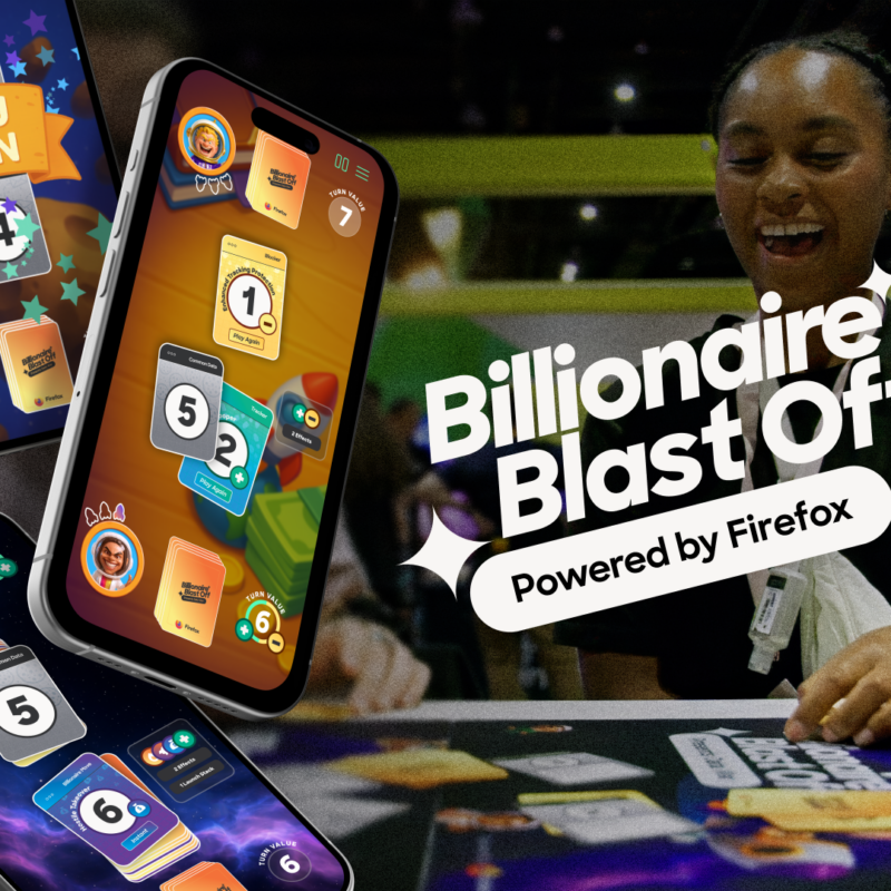 A woman smiling and playing a colorful digital card game called Billionaire Blast Off, powered by Firefox. The image shows three smartphones displaying the game interface with vibrant cards, numbers, and a ‘You Win’ banner on one screen. The game’s logo, ‘Billionaire Blast Off – Powered by Firefox,’ appears prominently beside her.”