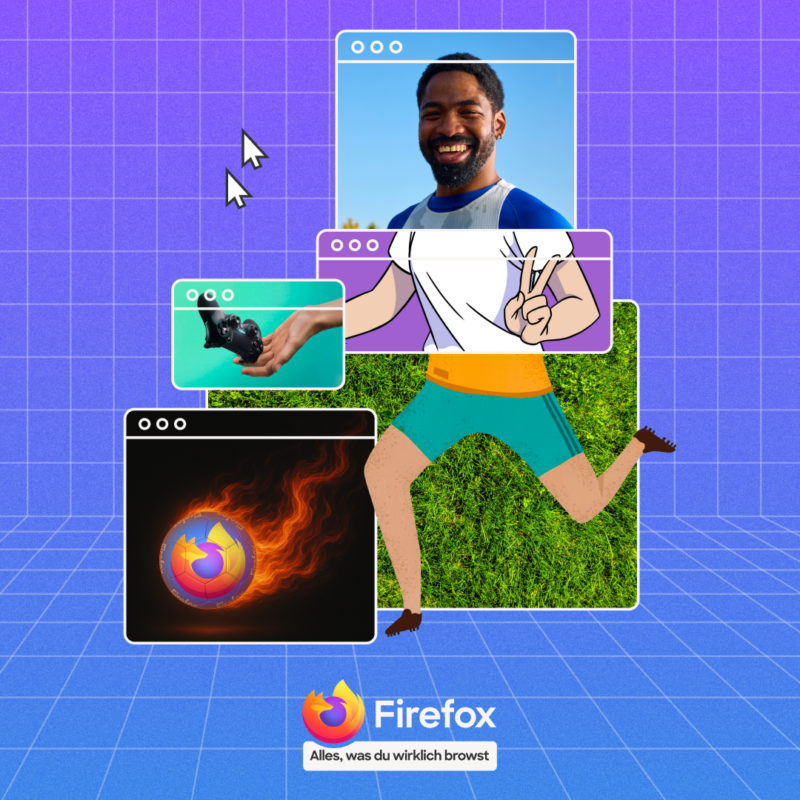 Firefox Kollage mit dem Firefox Logo und dem Slogan "Alles, was du wirklich browst."