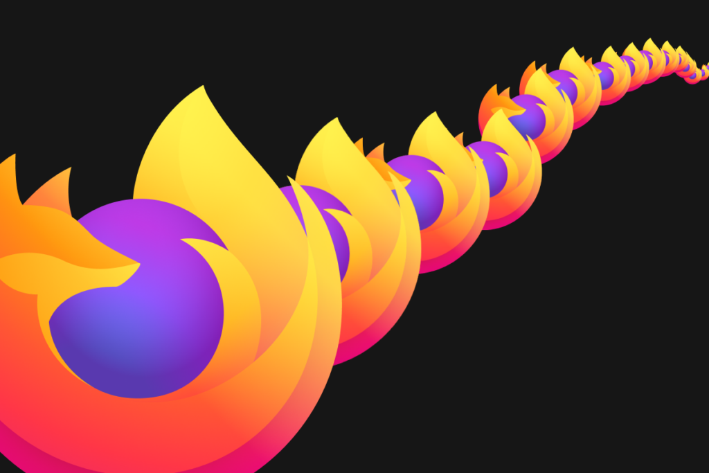 Multiple Firefox logos forming a curved trail on a dark background.