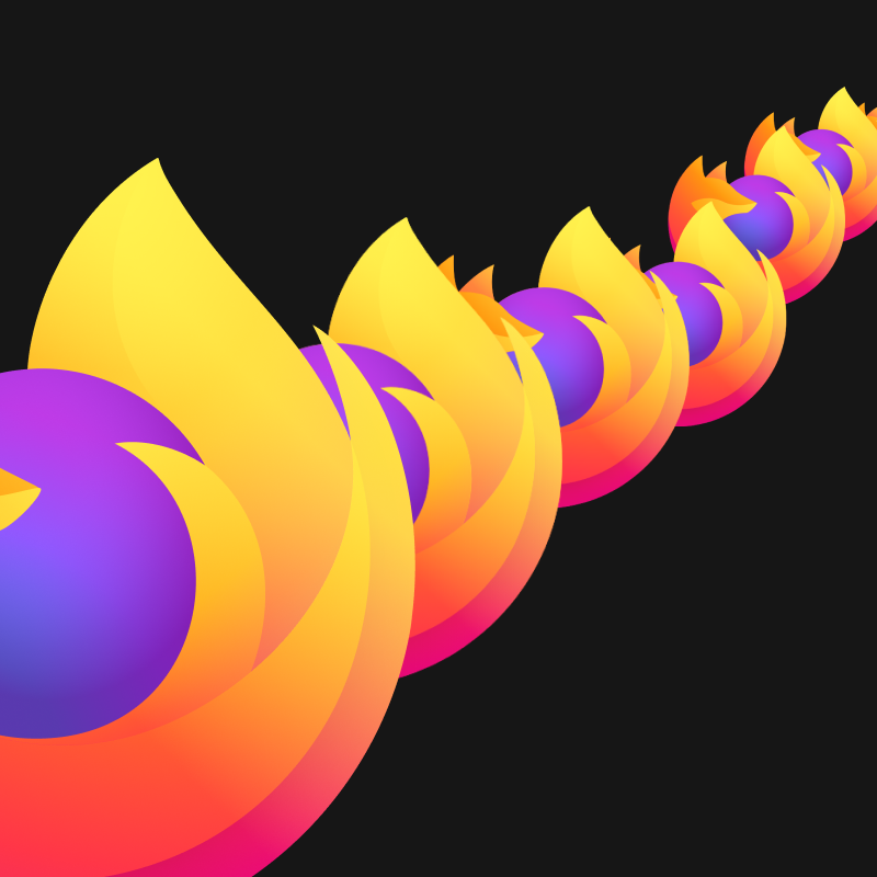 Multiple Firefox logos forming a curved trail on a dark background.