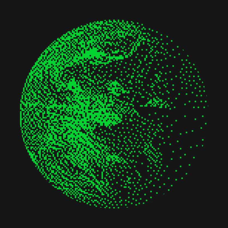 Neon green bitmap globe on black background, pixelated Earth with dotted texture