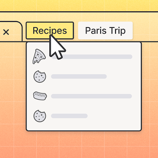 Firefox tab grouping with cursor selecting “Recipes” and a dropdown list; “Paris Trip” group visible