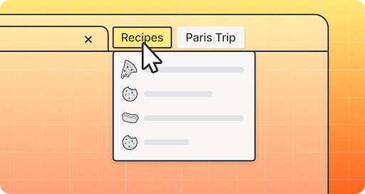 Firefox tab grouping with cursor selecting “Recipes” and a dropdown list; “Paris Trip” group visible