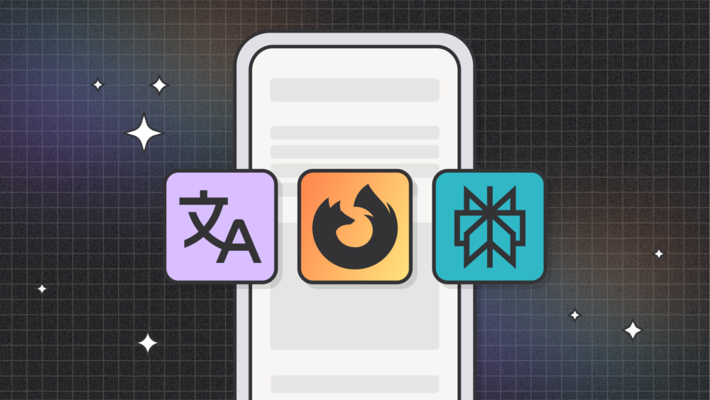 A stylized graphic showing a smartphone screen in the background with three square icons in front of it. The left icon is purple with a translation symbol, the middle icon is orange with the Firefox logo, and the right icon is teal with a geometric snowflake-like symbol. The background features a dark grid pattern with soft gradients and small star-like sparkles.