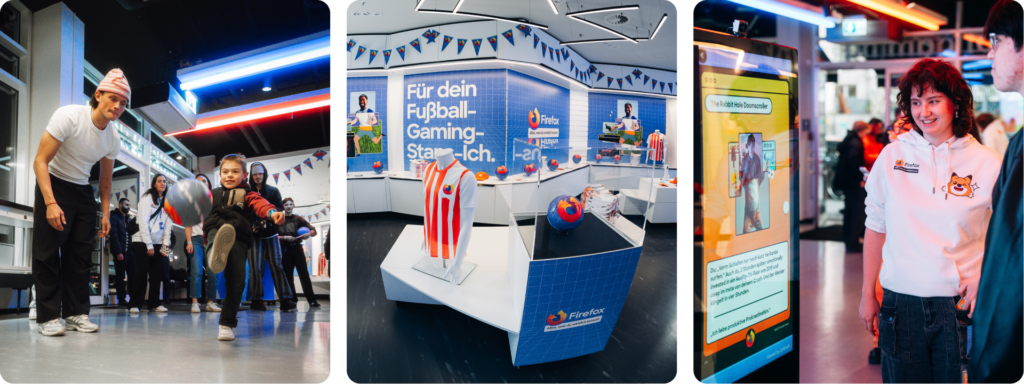 Zussamenschnitt aus drei BIldern vom Firefox Footbrawl Event. Fabian Reese spielt mit einem Kind Fußball, der Veranstaltungsraum mit Firefox-Merch und Branding, Besucher machen das Legendary Firefox Quiz auf deinem großen Bildschirm.