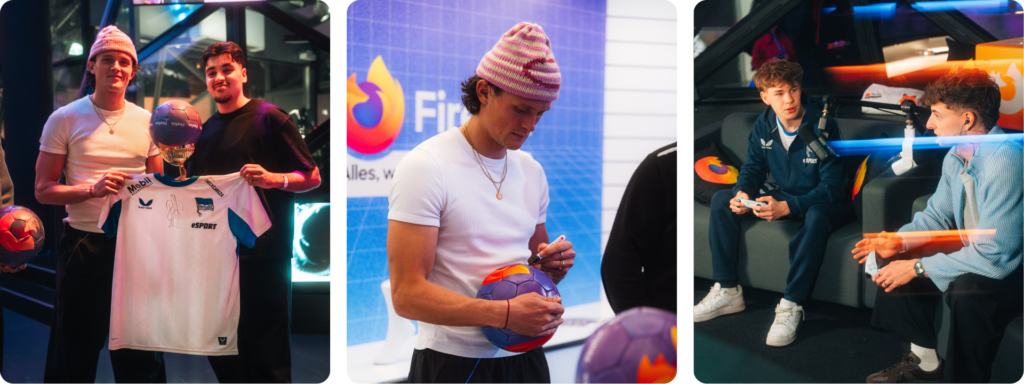 Zussamenschnitt aus drei BIldern vom Firefox Footbrawl Event. Fabian Reese graturliert dem Gewinner des EA FC Sports Truniers, Fabian Reese signiert Firefox Fußbälle, Twitch-Streamer PainLivestream und Hertha BSC eSport-Athlet Len-Luca Seidel spielen EA FC Sport und unterhalten sich.
