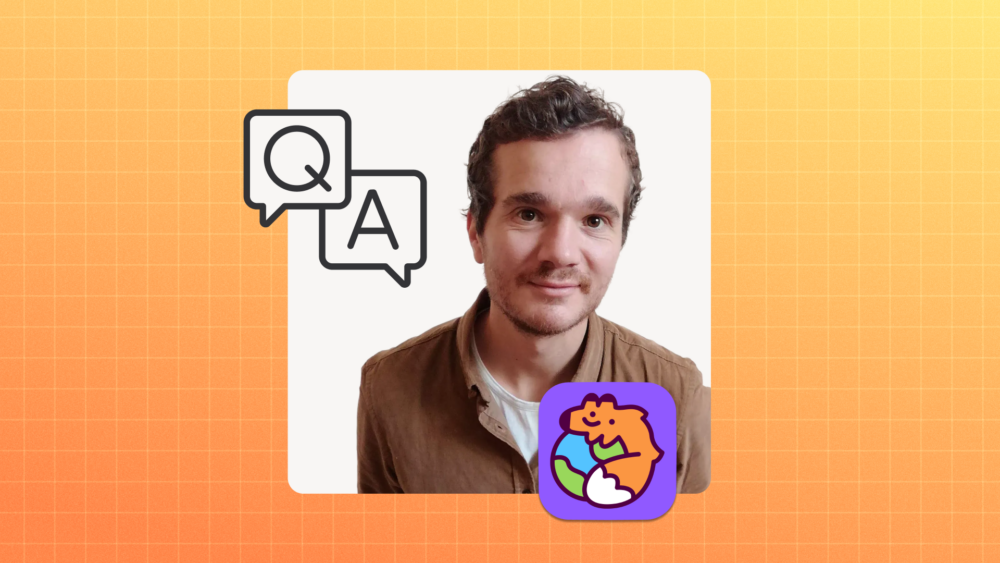 Smiling man with Q&A icons and a cartoon earth-hugging character on an orange background.