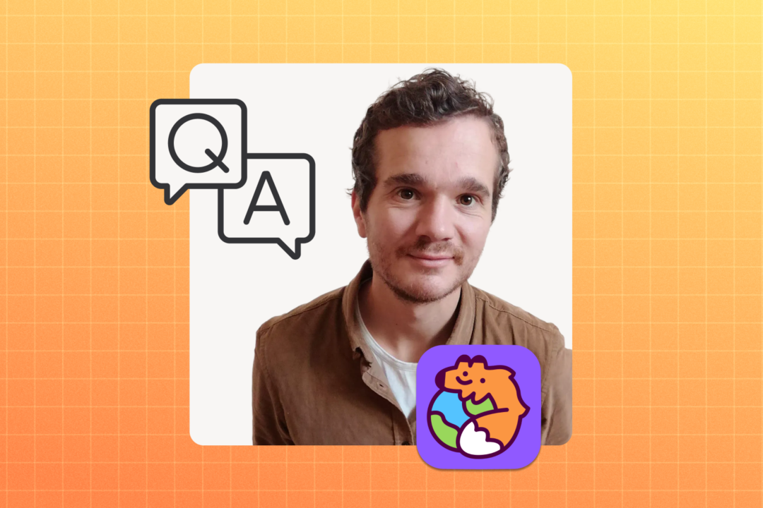 Smiling man with Q&A icons and a cartoon earth-hugging character on an orange background.