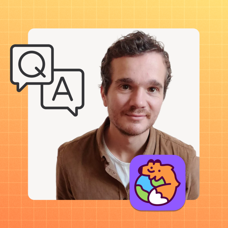 Smiling man with Q&A icons and a cartoon earth-hugging character on an orange background.