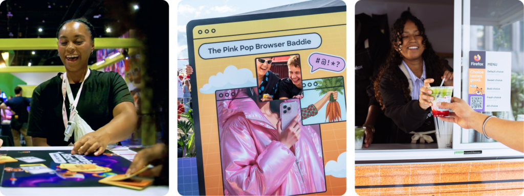 Three Firefox event scenes showing a card-game booth, a pink pop browser baddie photo frame, and a drink stand serving colorful beverages.