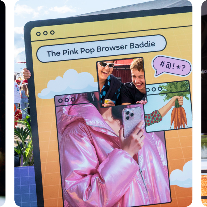 Three Firefox event scenes showing a card-game booth, a pink pop browser baddie photo frame, and a drink stand serving colorful beverages.