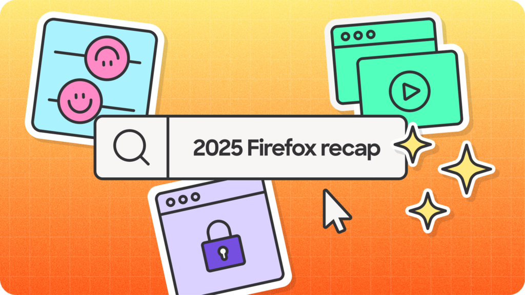 Illustration of search bar reading “2025 Firefox recap” with icons for privacy, customization, and media.