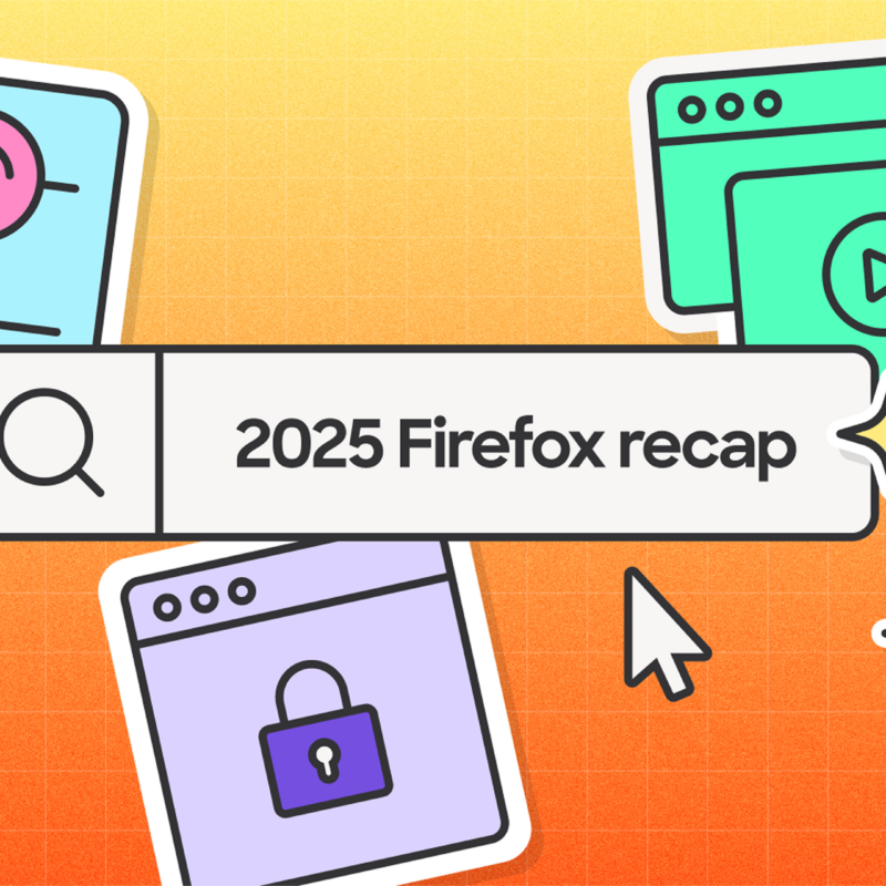 Illustration of search bar reading “2025 Firefox recap” with icons for privacy, customization, and media.