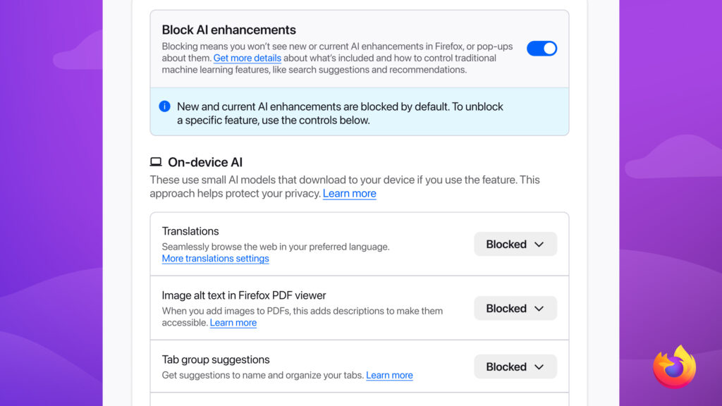 Stylized Firefox AI controls interface highlighting the option to block AI enhancements with dropdown controls for AI features.