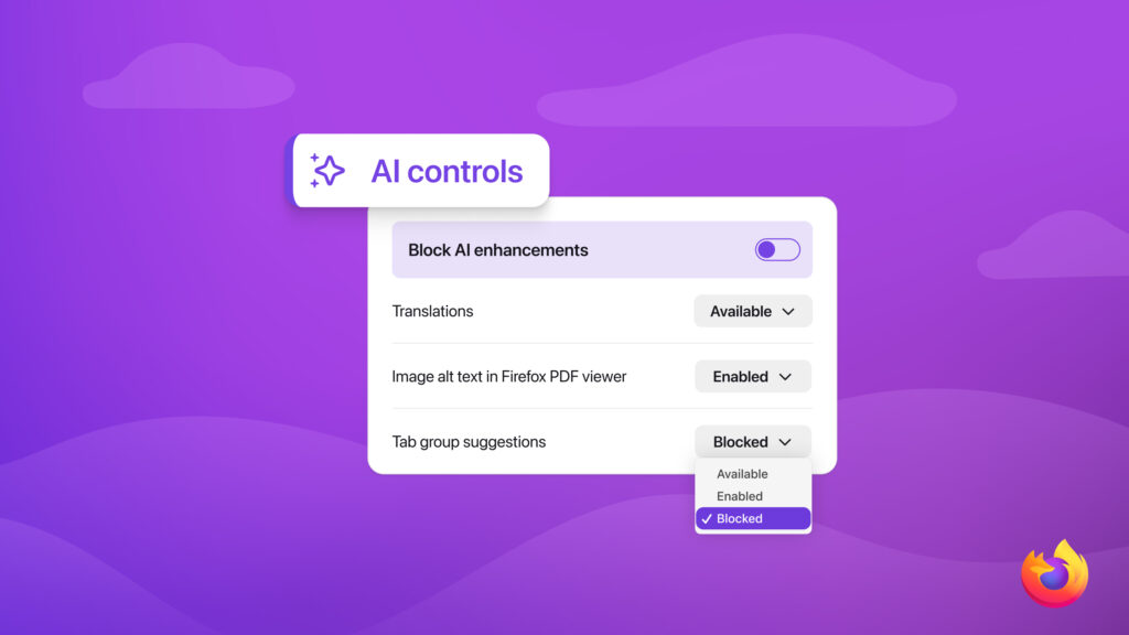 tylized Firefox AI controls interface highlighting the option to block AI enhancements with dropdown controls for AI features.