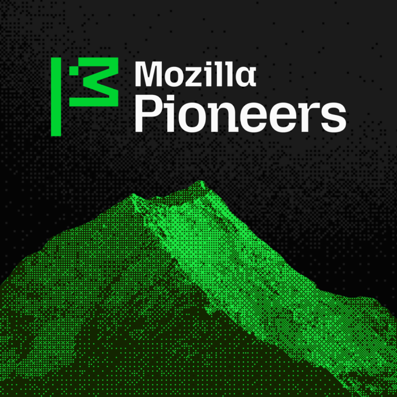 Mozilla Pioneers logo above a green halftone mountain on a dark background.