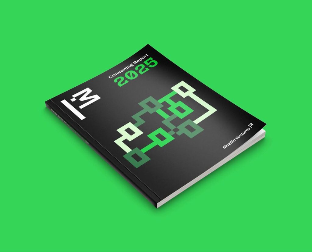 Mozilla Ventures Convening 2025 Report book cover with green geometric design on black background