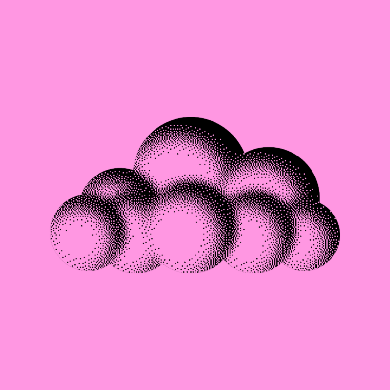 Abstract black halftone cloud illustration on a pink background, representing cloud computing or digital infrastructure.
