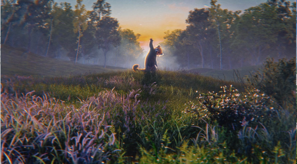 Dreamlike image of a bear standing in a forest meadow at sunrise