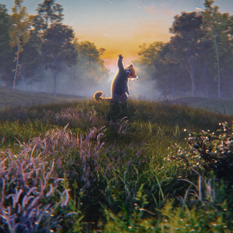 Dreamlike image of a bear standing in a forest meadow at sunrise