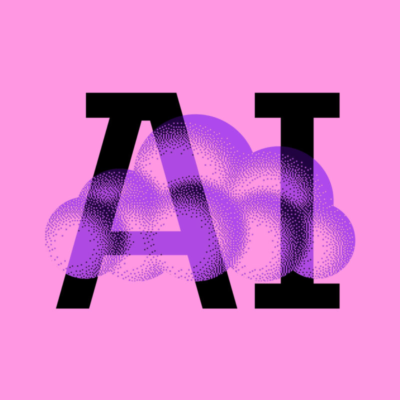 Large black AI letters over purple cloud graphic on pink background.