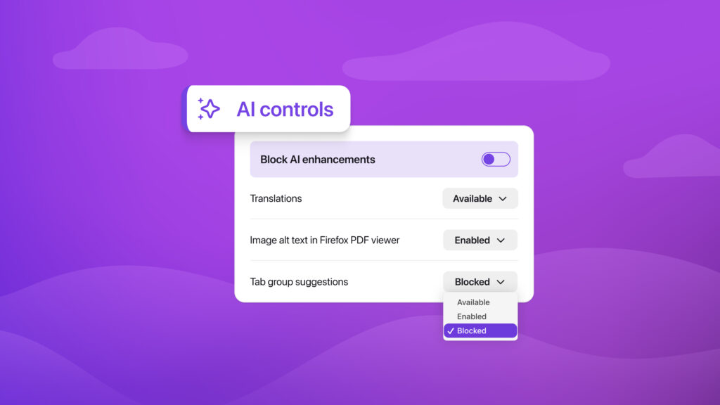 Stylized Firefox AI controls interface highlighting the option to block AI enhancements with dropdown controls for AI features.