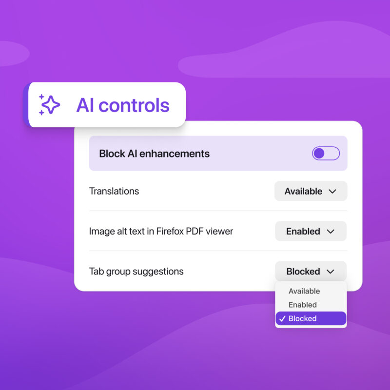 Stylized Firefox AI controls interface highlighting the option to block AI enhancements with dropdown controls for AI features.