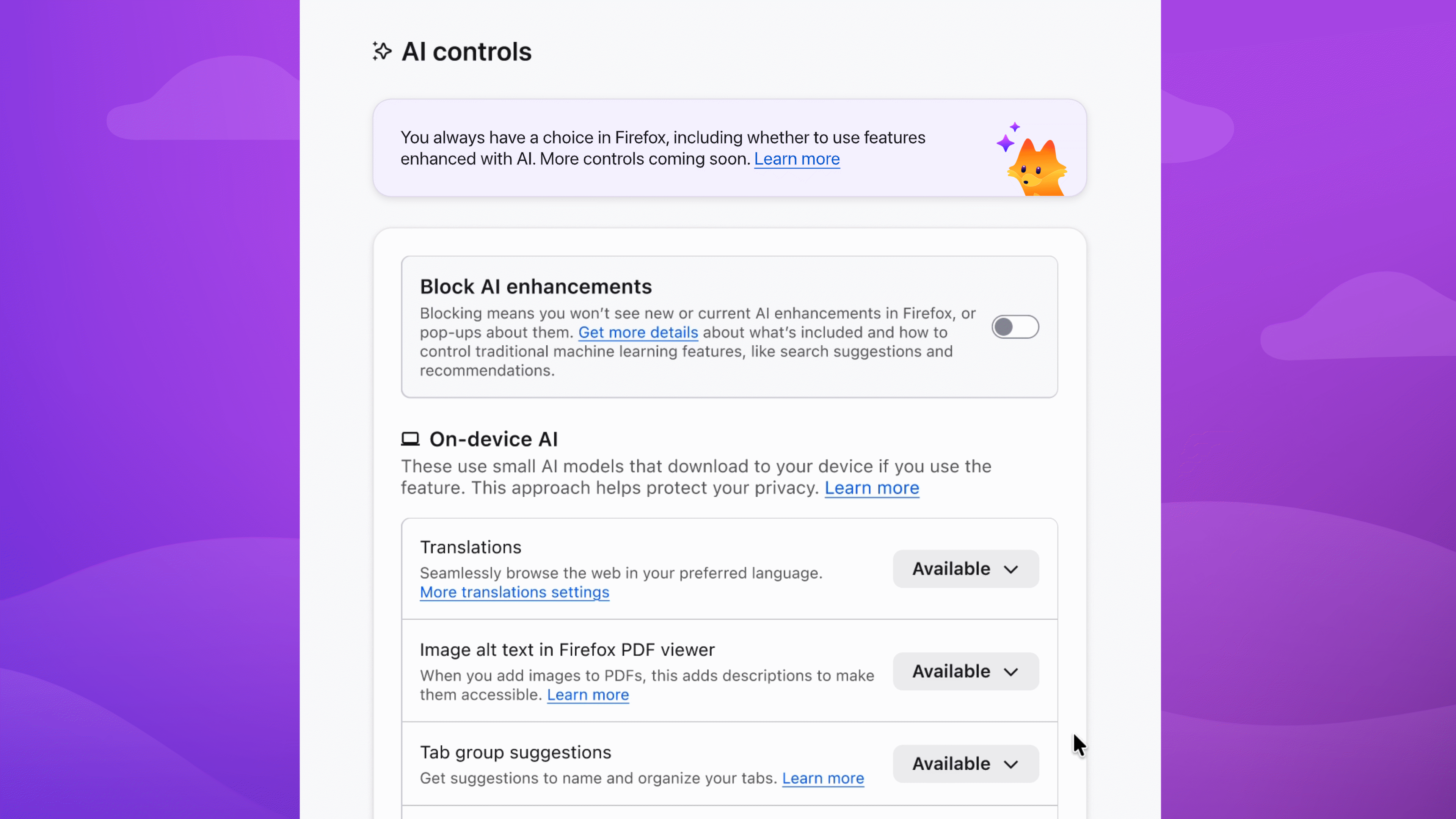 Firefox AI controls page showing a toggle to block AI enhancements and dropdowns for translations, PDF alt text, and tab groups