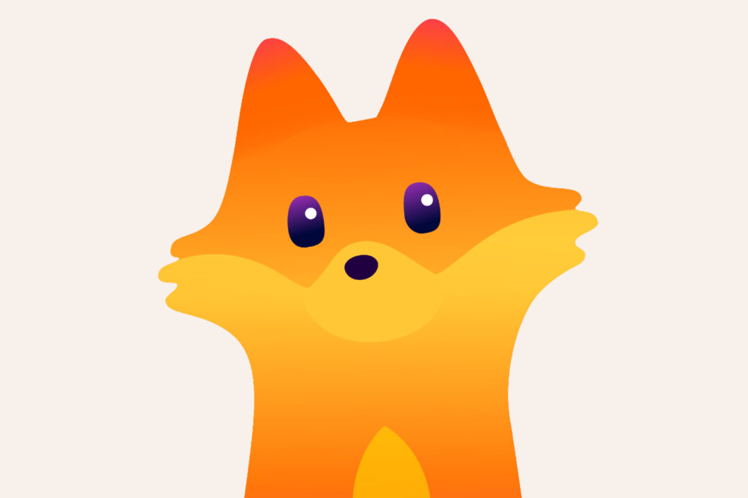 Close-up illustration of Firefox mascot face with orange fur, yellow cheeks, and purple eyes on a light background
