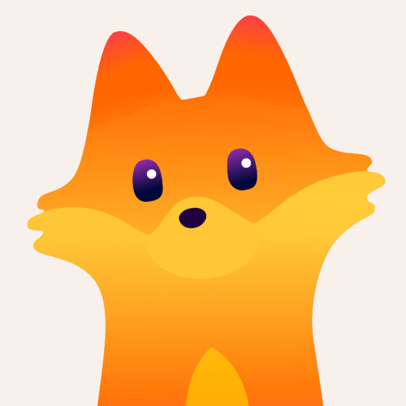 Close-up illustration of Firefox mascot face with orange fur, yellow cheeks, and purple eyes on a light background