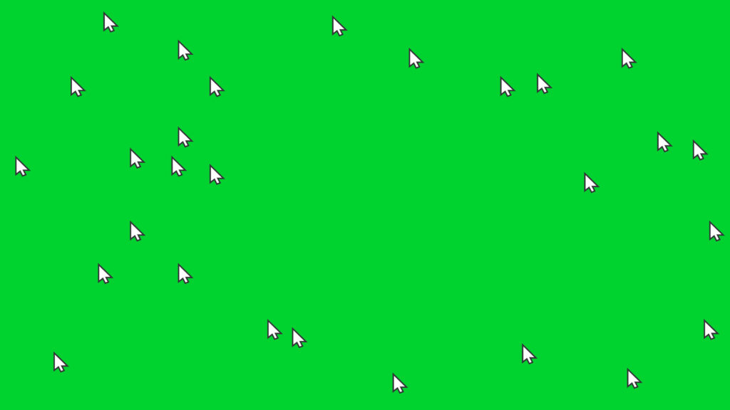 Multiple white cursor arrows scattered across a bright green background.