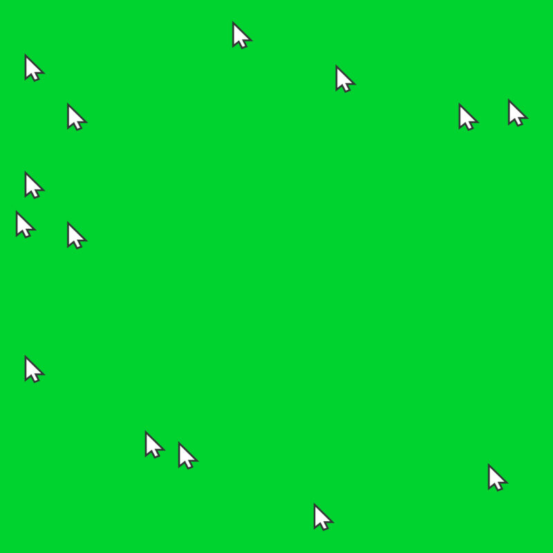 Multiple white cursor arrows scattered across a bright green background.