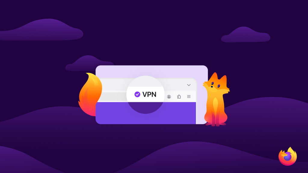 Firefox VPN feature enabled in browser window with shield icon, illustrated fox, and purple background.