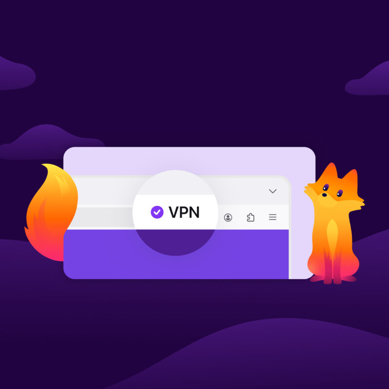Firefox VPN feature enabled in browser window with shield icon, illustrated fox, and purple background.