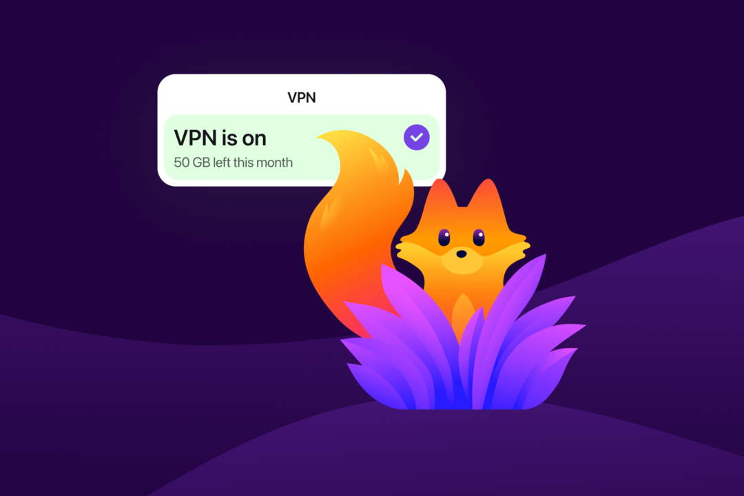A Firefox browser window displays a fox illustration with a visible VPN status indicator showing “VPN is on” and remaining data for the month.