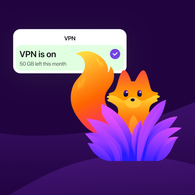 A Firefox browser window displays a fox illustration with a visible VPN status indicator showing “VPN is on” and remaining data for the month.