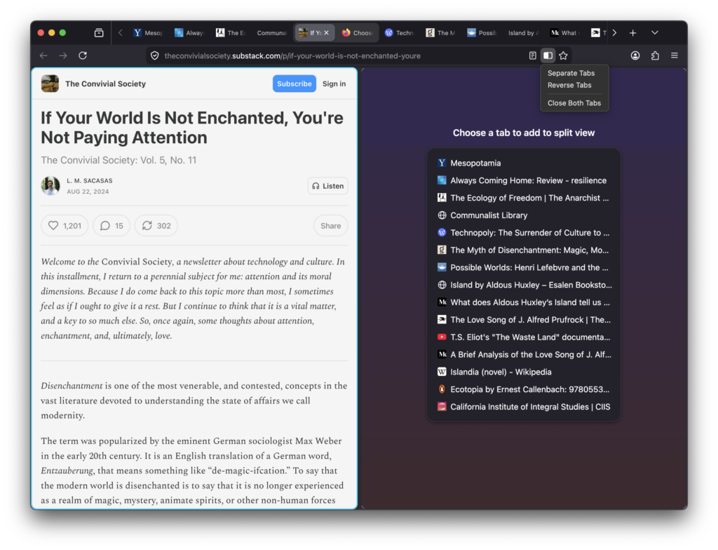 Firefox split view feature showing two tabs side by side with tab selection menu in dark mode