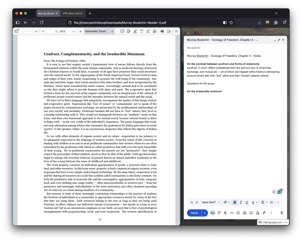 Firefox split screen with PDF on left and Gmail notes draft on right for research and writing.