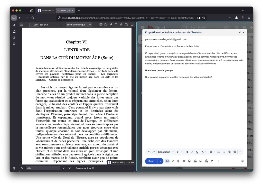 Firefox split view with document reading and Gmail compose window for note-taking workflow.