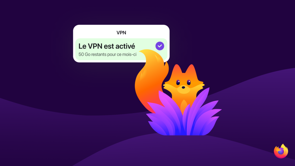 A Firefox browser window displays a fox illustration with a visible VPN status indicator showing “VPN is on” and remaining data for the month.