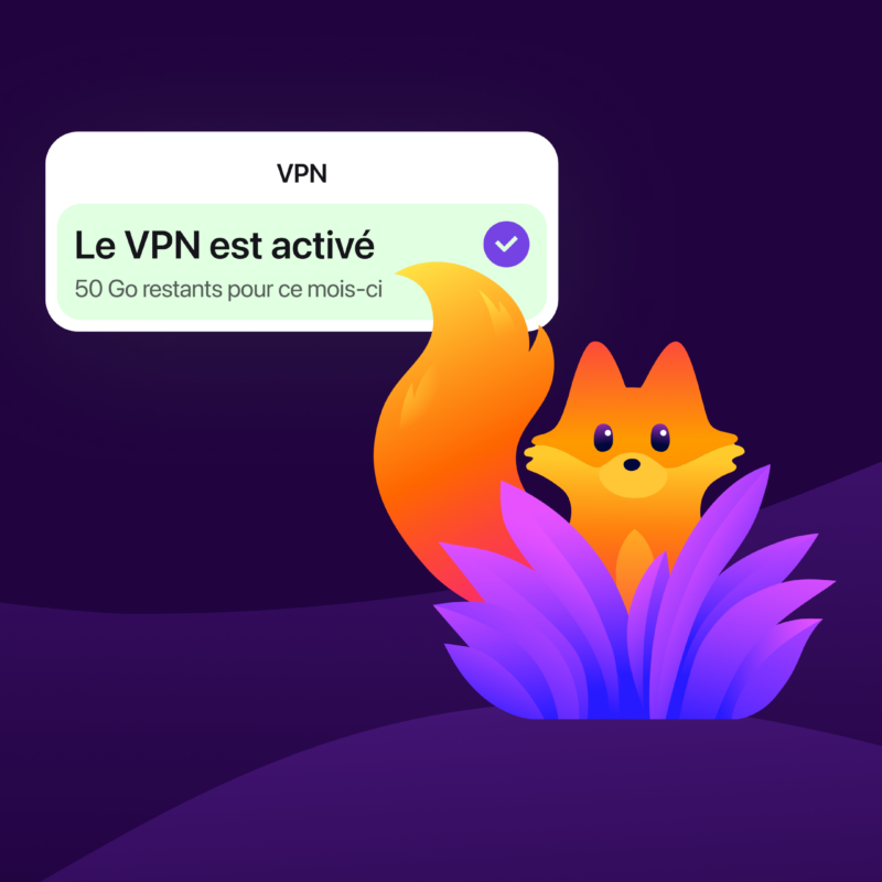 A Firefox browser window displays a fox illustration with a visible VPN status indicator showing “VPN is on” and remaining data for the month.