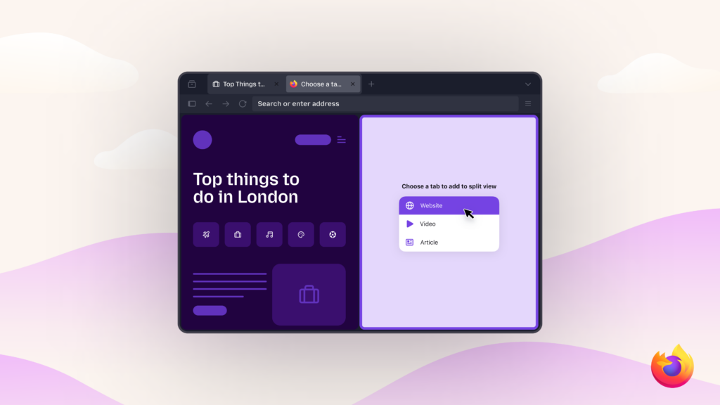 Firefox split view showing London travel page and tab selection menu for adding website, video, or article.