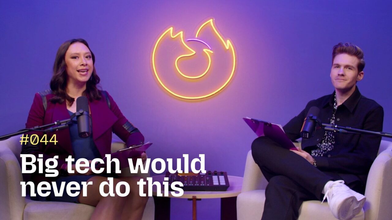 Outside the Fox hosts in studio under Firefox neon logo, with text “Big tech would never do this”